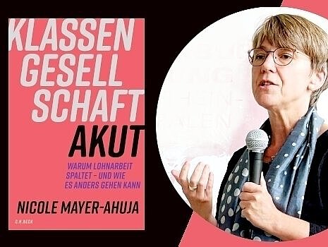 Das Bichcover mit dem Titel und das Portrait der Autorin, die in ein Mikrophon spricht.