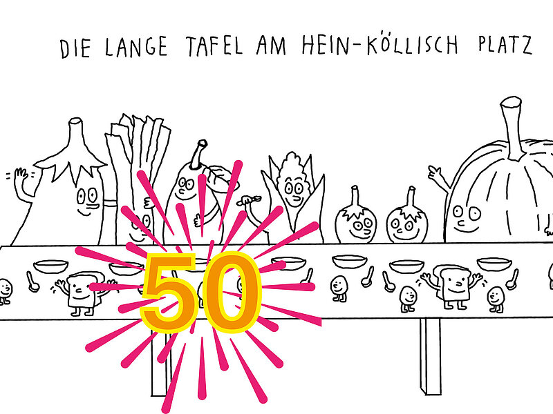 Gezeichnete Gemüse mit freundlichen Gesichtern sitzen an einer langen Tafel.