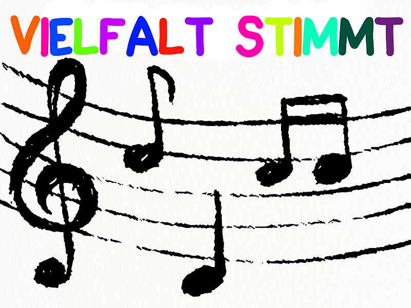Notenschlüssel und Noten, darüber "Vielfalt stimmt" in bunten Buchstaben.
