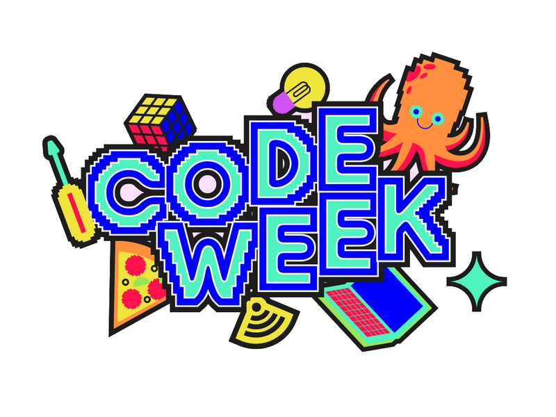 Das Logo der Code Week. Rund um den Schriftzug sind Symbole wie Glühbrine, Oktopus, Zauberwürfen und izza gruppiert.