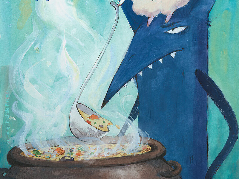 Illustration von einem grimmigen Wolf der eine Suppe kocht.