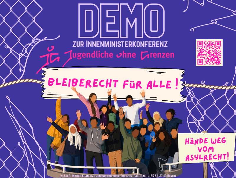 Demoaufruf. Illustration von diversen jungen Menschen, die ein Transpi hochhalten "Bleiberecht für alle" und ein Schild "Hände wg vom Asylrecht"