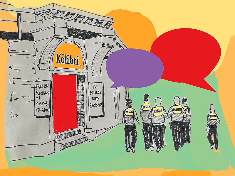 Illustration. Über dem Kölibri Eingang sind farbige Sprechblasen, ohne Worte. Am Eingang vorbei laufen Polizisten.