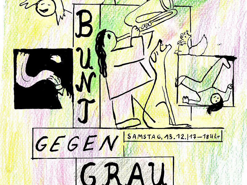 Illustration mit Figur die Trompete spielt, einem Hund der jault, einer breakdancenden Person und einem singenden Eichhörnchen.