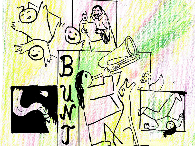 Zeichnung von Menschen, die an Fenstern etwas vortragen.