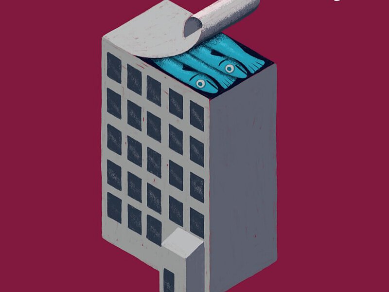 Illustration von einem Hochhaus, dessen Dach sich wie eine Sardinenbüchse öffnet und auch Sardinen zu sehen sind.