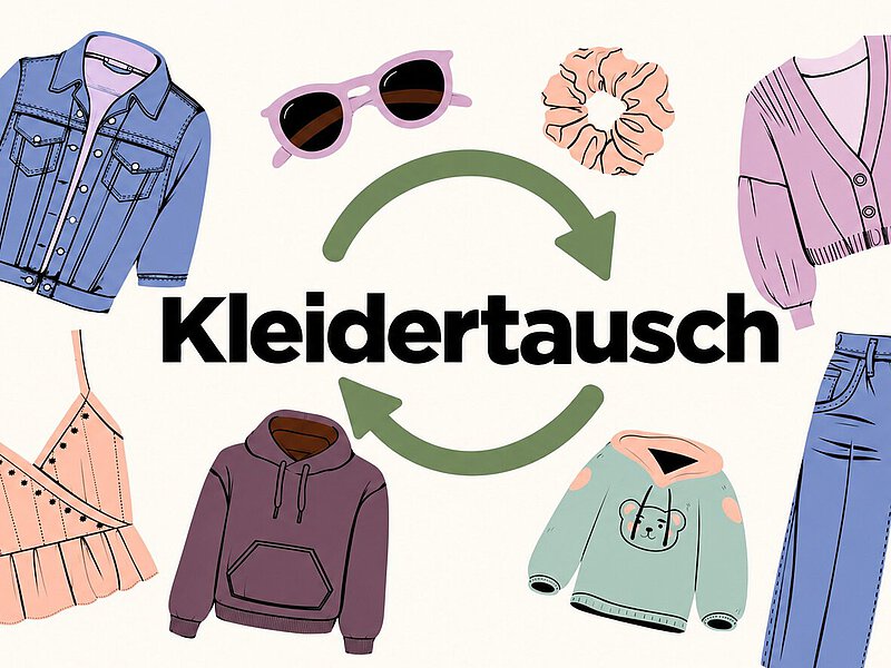 Illustration von verschiedenen Kleidungsstücken. In der Mitte steht "Kleidertausch"