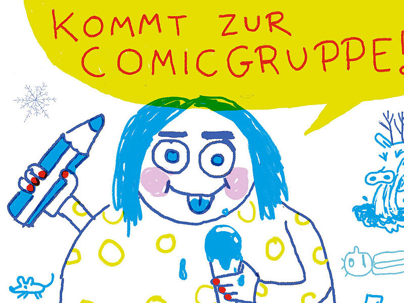 Eine Comic-Figur hält Sifte in der Hand und in der Sprechblase steht: "Kommt zur Comic Gruppe"