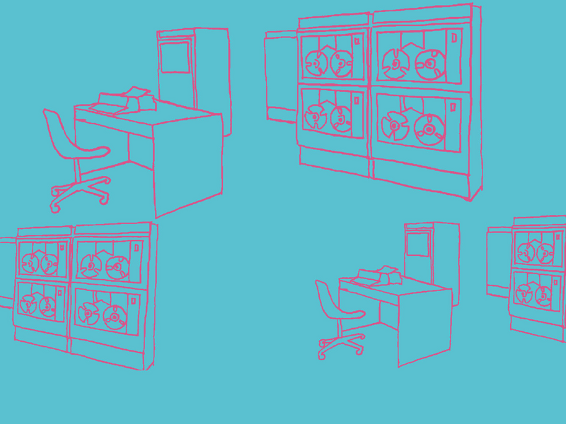 Eine krakelige Illustration von einem Schreibtisch vor einem Serverschrank.