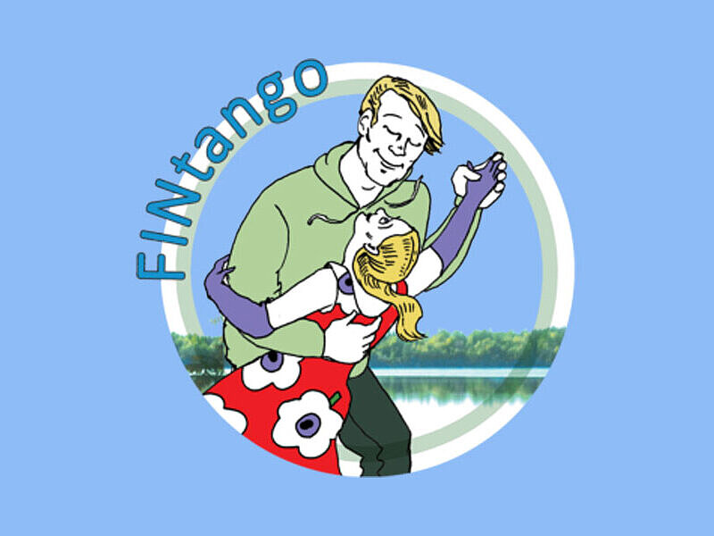 Illustration: Ein Tanzpaar in einem Kreis auf dem Fintango steht. Mann und Frau sind blond, im Hintergrund ein finnischer See.