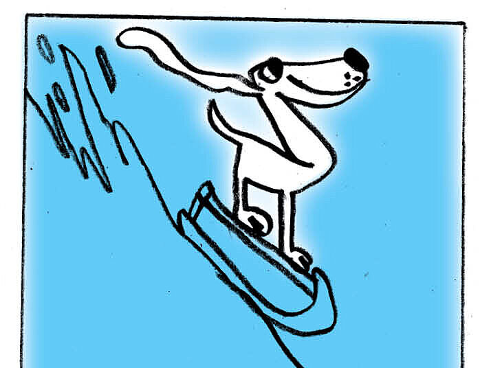 Kinderzeichnung: Ein Hund fährt Schlitten