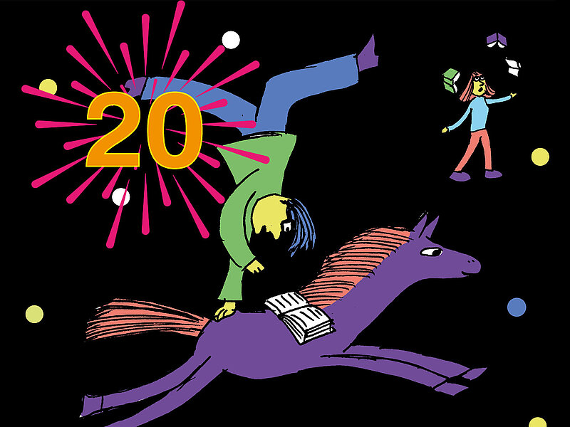 Illustration. Ein Mädchen jongliert mit Büchern. Ein Junge macht Handstand auf einem Pferd und liest.