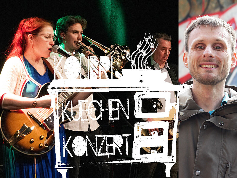 Bandfoto von nais. Eine Gitarristin, ein Posaunist und ein dritter Mann. Künstlerportrait von Chillionär, lächelnd. Darüber das Logo vom Küchenkonzert.