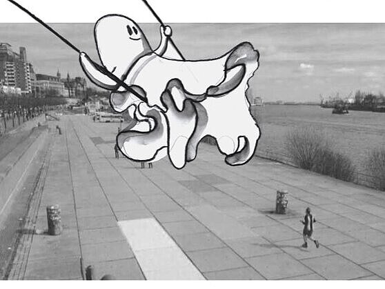 Ein gezeichnetes Gespenst schaukelt über der Freifläche am Fischmarkt