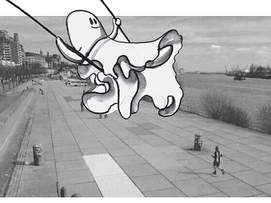 Ein gezeichnetes Gespenst schaukelt über der Freifläche am Fischmarkt