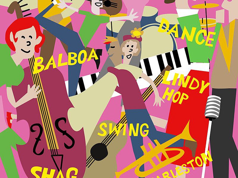 Illustration mit Tänzer*innen und Musiker*innen in bunten Farbe. Dazwischen sind einzelne Tanzstile geschrieben wie Balboa etc.