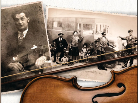 Im Vordergrund ist im Anschnitt eine Geige mit Geigenbogen zu sehen. DAhinter sind alte schwarz-weiß Fotos von Personen zu sehen. Ein gruppenbild und das Portrait eines Mannes mit Geige.