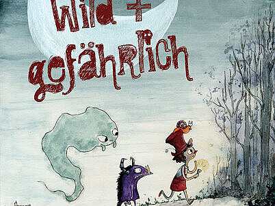 Ausschnitt vom Plakat. Auf der Zeichnung folgen ein Gespenst und ein Monster der kleinen Frau in den Wald.