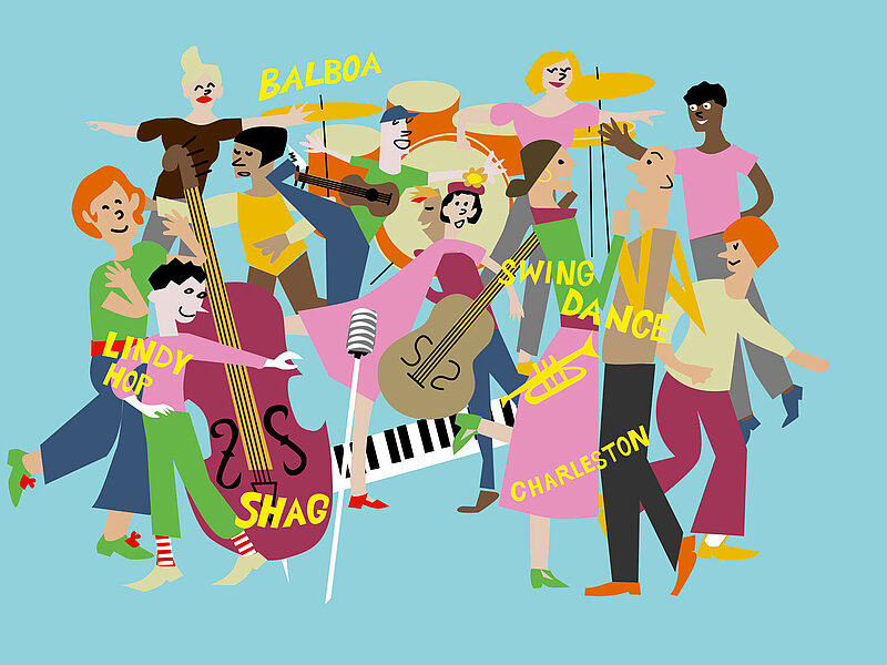 Illustration von einem bunten Haufen Tänzer*innen und Musiker*innen