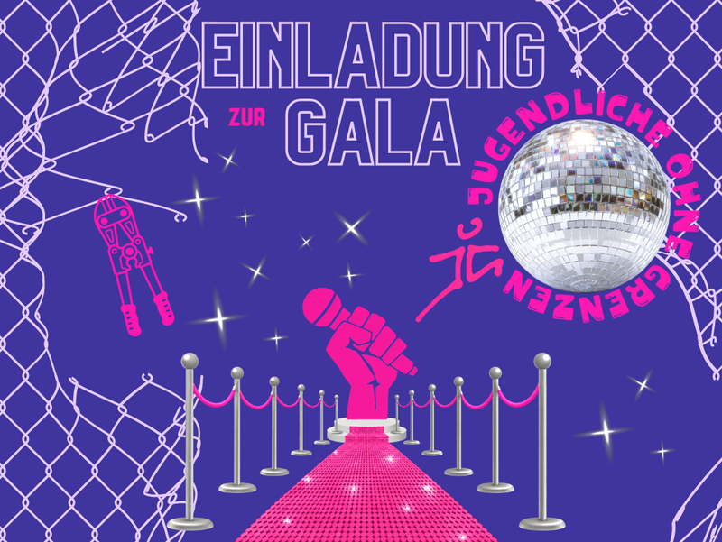Illustration pink vor lila Hintergrund, "Einladung zur Gala", Maschnadraht wird durchtrennt, eine kämpferische Faust hält ein Mikro, eine Diskokugel.