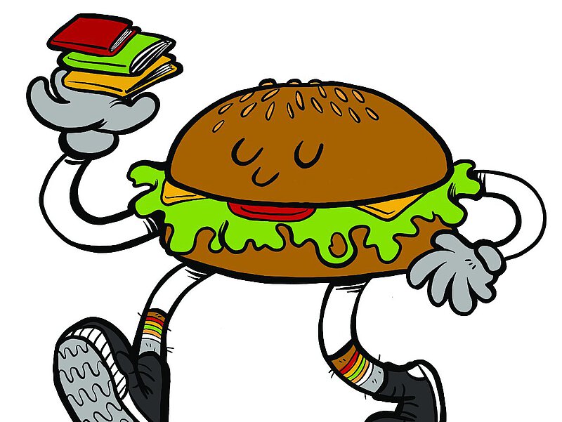 Illustration: Ein Hamburger serviert einen Stapel Zines
