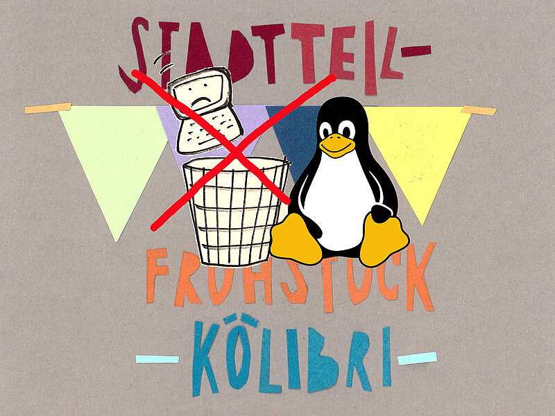 Vor dem Logo vom Stadtteilfrühstück ist der Linux-Pinguin zu sehen. Daneben durchgestrichen ein Laptop mit unglücklichem Gesicht der in einen Mülleimer geworfen wird. 
