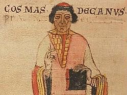 Eine seite der ältesten tschechischen Chronik. Bild eines Mönchs.