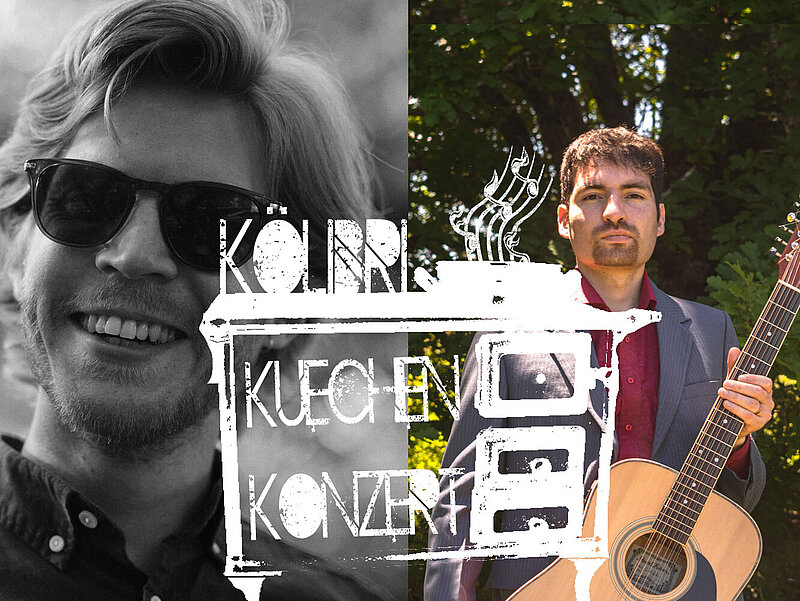 Portraitfotos von den Musikern und das Logo des Küchenkonzerts - ein alter Her.