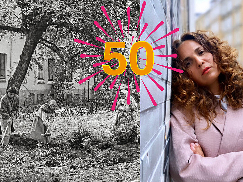 Eine Collage aus einer schwar-weiß Fotografie von türkischen Migratnten, die in der Talstraße Gemüse anbauen und dem Foto von Özlem und dem Logo von 50 Jahre GWA St. Pauli.