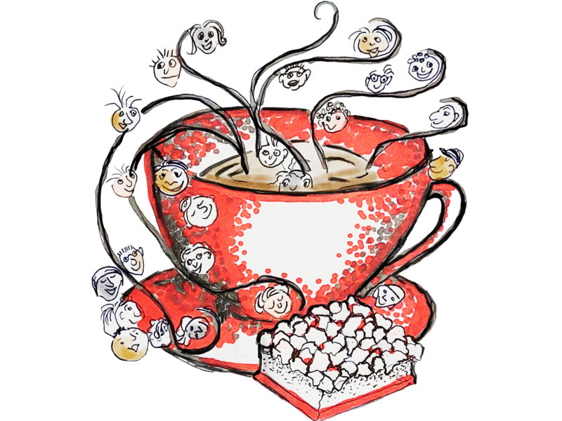 Illustration von einer roten Tasse. Um sie herum tanzen Streusel mit freundlichen Gesichtern. Vor der Tasse liegt ein Stück Streuselkuchen.