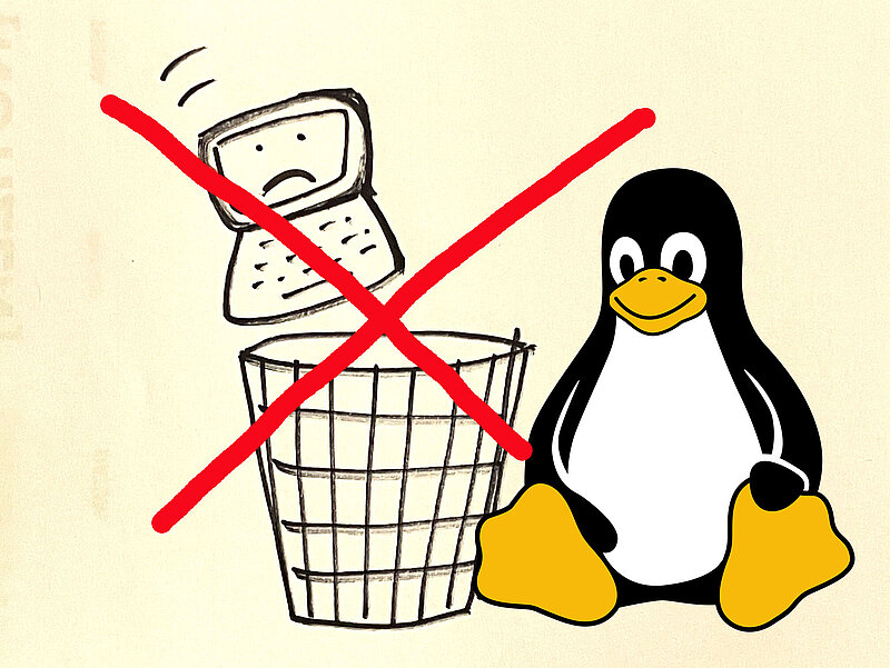 Illustration von einem Laptop, der in einen Mülleimer geworfen wird. Mit einem roten Kreuz durchgestrichen. Daneben sitzt der Pinguin von Linux.