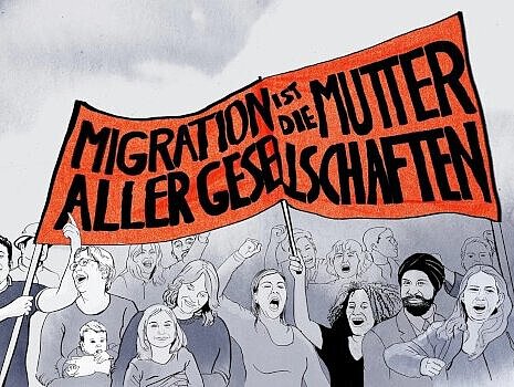 Illustration von einer Demo. Menschen halten ein Transpi mit dem Schriftzug: Migration ist die Mutter aller Gesellschaften