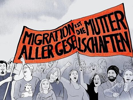 Illustration von einer Demo mit dem Banner "Migration ist die Mutter aller Gesellschaften"