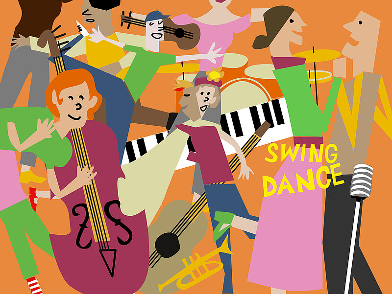 Illustration von swingtanzenden und Musik spielenden Menschen in bunten Farben.