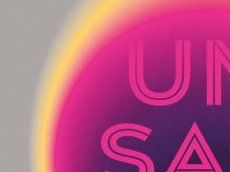 Farbverlauf von Grau über Gelb zu Pink. Angeschnitten die Buchstaben U N S A