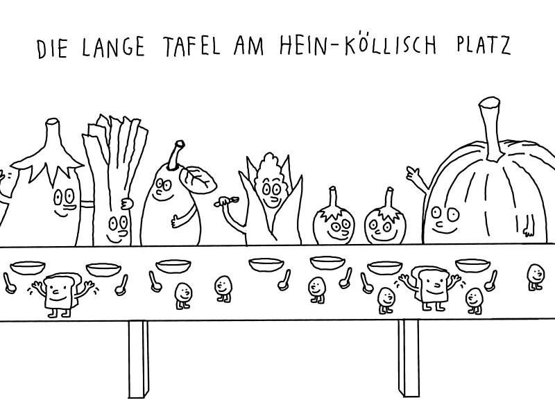 "Die lange Tafel am Hein-Köllisch-Platz" DArunter eine Zeichnung mit verschiedenen Gemüse-Wesen die am Tisch sitzen.