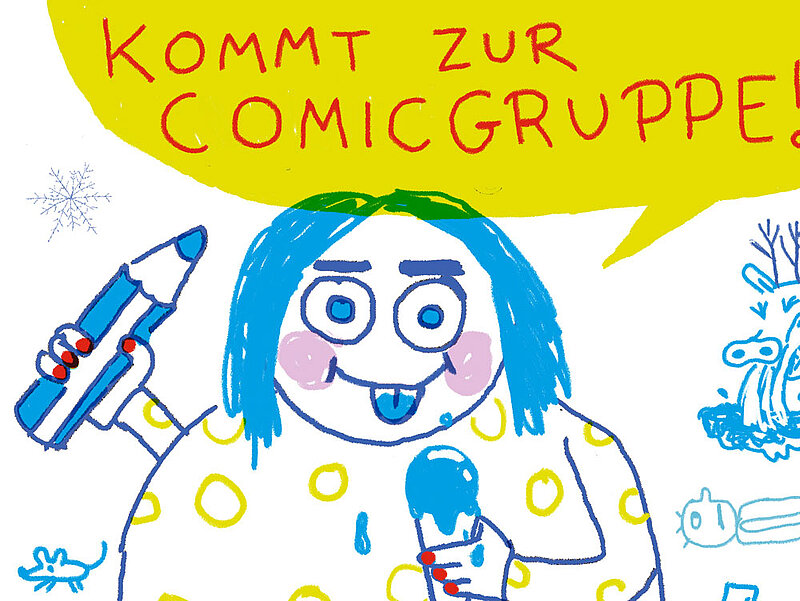 Zeichnung mit Sprechblase: Komm zur Comicgruppe