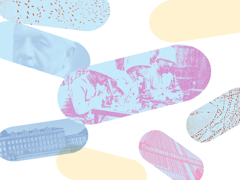 Hellblau und rosa pillenförmige Objekte in denen schemenhaft Fotos vom Institut und dem Wissenschaftler zu erkennen sind.