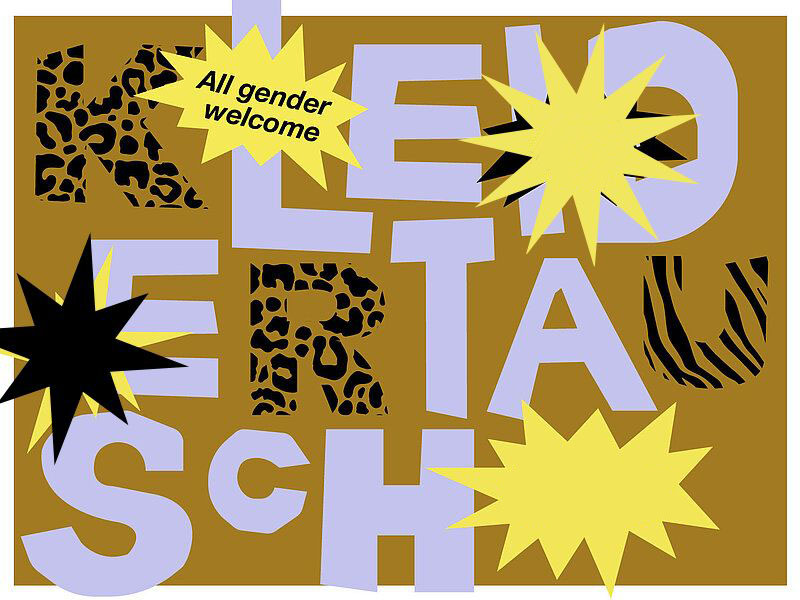 "Kleidertausch" "all gender welcome" mit gelben Sternchen und verschiedenen Mustern.